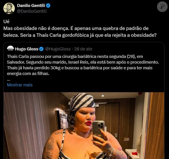 Humorista questiona discurso da influenciadora sobre aceitação corporal no X, antigo Twitter