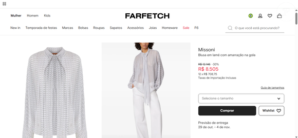 Blusa usada por Angélica no ‘Mais Você’ custa R$ 8.505 e está com desconto de 30% no site FARFETCH