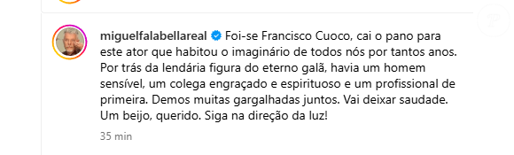 Miguel Falabella também prestou homenagens ao ator, morto nesta quinta-feira (19)