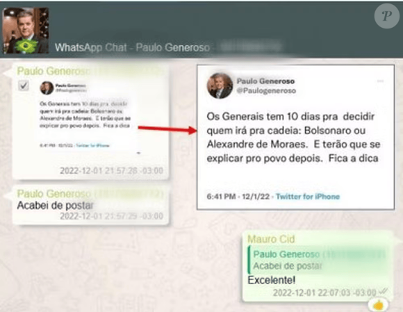 Paulo Generoso troca mensagem com tenente-coronel Mauro Cid e mostra post publicado em rede social que incitava Alto Comando do Exército a aderir ao golpe — Foto: Reprodução/Redes sociais