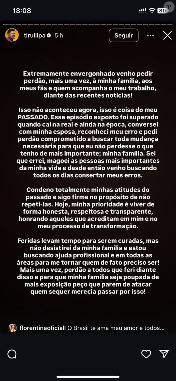 O humorista Tirullipa se pronunciou nesta terça-feira (12) após a exposição de um romance secreto com Dani Lopez, filha de seu ex-assessor Duda Lopez