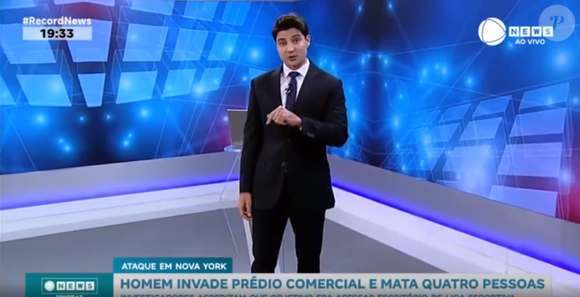 Tudo aconteceu às 19h33, durante o ‘News 19 Horas’. O âncora Rafael Algarte noticiava um ataque armado em um prédio de Nova York quando o vídeo bizarro entrou no ar