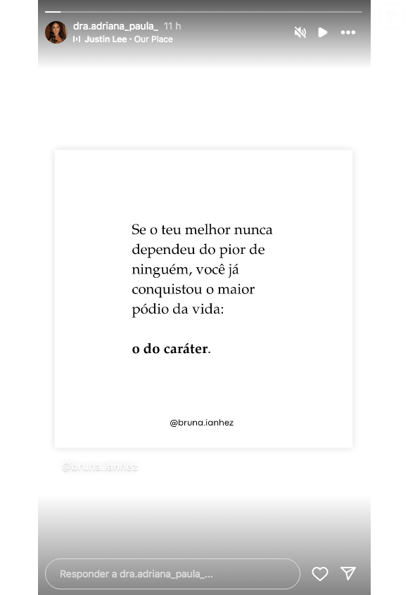 Depois do desabafo, Adriana Paula publicou uma indireta falando sobre caráter em seus stories do Instagram