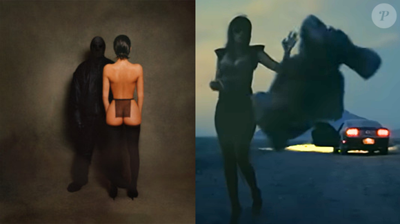 A esquerda da imagem capa do album Vultures 1 (2024) a direita imagem do clipe Flashing Lights, do Kanye West (2008).