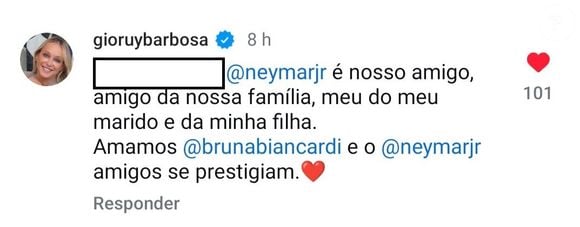 Neymar Jr. ‘é nosso amigo, amigo da nossa família, meu, do meu marido e da minha filha. Amamos Bruna Biancardi e Neymar Jr. Amigos se prestigiam!’, disse mãe da atriz