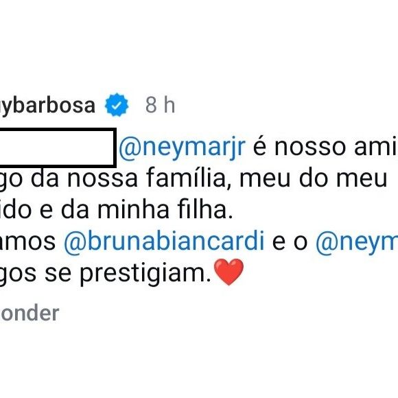 Neymar Jr. ‘é nosso amigo, amigo da nossa família, meu, do meu marido e da minha filha. Amamos Bruna Biancardi e Neymar Jr. Amigos se prestigiam!’, disse mãe da atriz