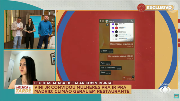 Segundo o portal de Leo Dias, Virginia Fonseca reagiu com ironia ao descobrir que Vinícius Júnior teria seguido uma mulher no Instagram após o término: “Puts. Mas tá solteiro, né (risos)