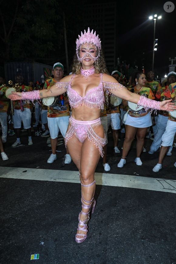 Rainha de bateria da Grande Rio, Paolla Oliveira apostou em uma fantasia de biquíni rosa inspirada no boto cor-de-rosa