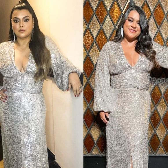Preta Gil repetiu seu vestido prateado super brilhante