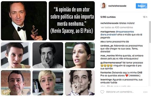Rachel Sheherazade compartilhou citação polêmica de Kevin Spacey com fotos de artistas brasileiros: 'Idiotas inúteis'