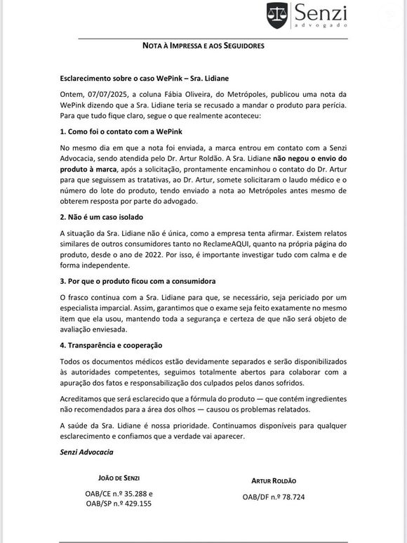 Leia a nota do advogado de Lidiane Herculano, que refuta a versão de que ela se recusou a enviar o produto para perícia