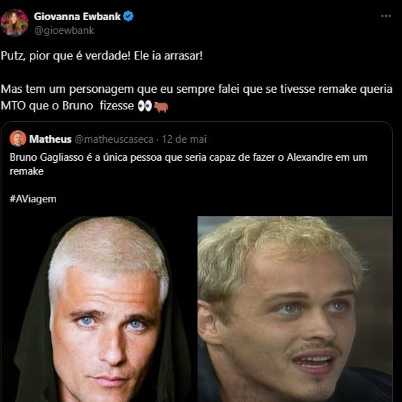 'A Viagem' com Bruno Gagliasso? Web comparou ator com Alexandre (Guilherme Fontes) ao pedir novo remake da novela (o original é de 1975 e a segunda versão, de 1994)