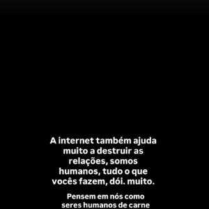 Nos stories do Instagram, a influenciadora pediu para que o público não atacasse o casal pela separação