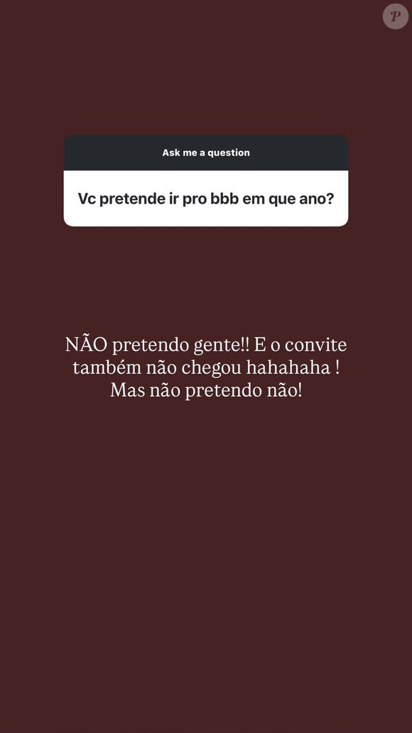 "NÃO pretendo gente!! E o convite também não chegou hahahaha! Mas não pretendo não", enfatizou Rafaella Justus
