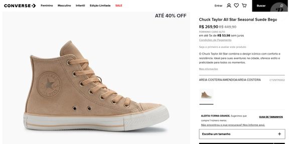 Conforme informações da Converse na data da matéria, o modelo custa R$ 269,90, com parcelamento em até cinco vezes sem juros.