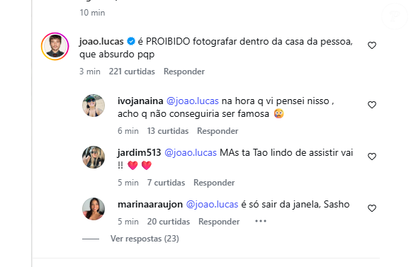'É proibido fotografar dentro da casa da pessoa, que absurdo', rebateu João Lucas nos comentários