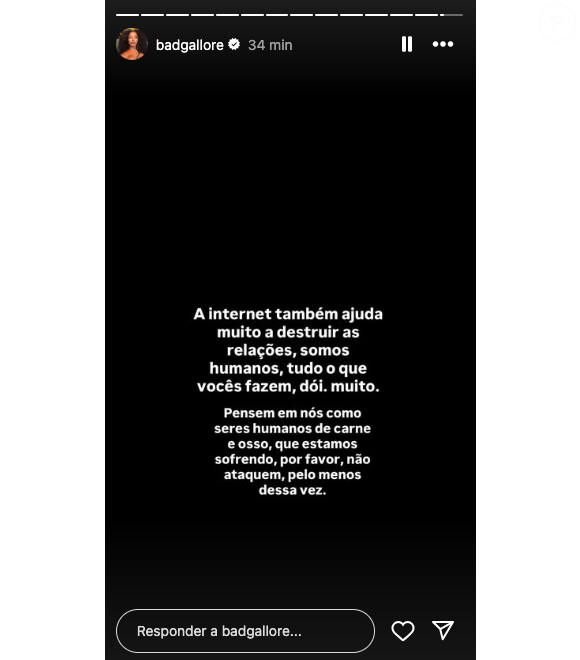 Nos stories do Instagram, a influenciadora pediu para que o público não atacasse o casal pela separação