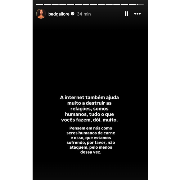 Nos stories do Instagram, a influenciadora pediu para que o público não atacasse o casal pela separação