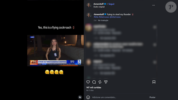 Bom humor depois do susto! Após o vídeo viralizar, Rachel Menitoff publicou as imagens no Instagram e brincou com a situação ao escrever: 'Tentando roubar meu momento'