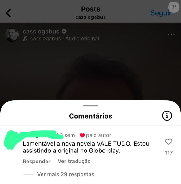 Cassio Gabus Mendes, na verdade, curtiu o comentário de uma seguidora em sua página oficial no Instagram, como mostra o print feito na manhã desta sexta-feira (06)