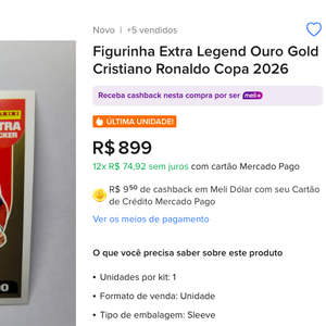 No Mercado Livre, uma figurinha Legend Gold de Cristiano Ronaldo pode ser vendida por R$ 900
