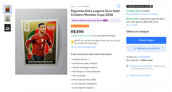 No Mercado Livre, uma figurinha Legend Gold de Cristiano Ronaldo pode ser vendida por R$ 900