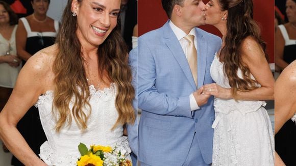Buquê com girassol e tomara que caia romântico: Silvia Abravanel elege look simples e elegante para casamento civil com Gustavo Moura. Fotos!