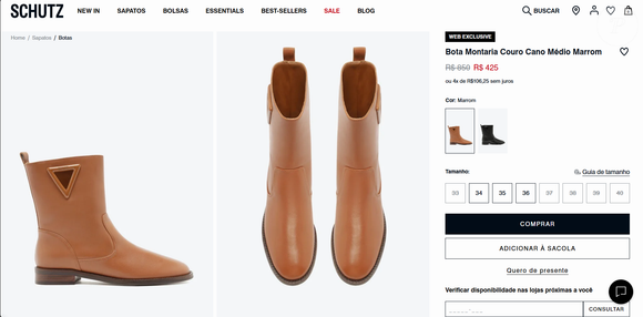 Até o fechamento da matéria, a Bota Montaria Couro Cano Médio Marrom pode ser adquirida por R$ 425 ou 4x de R$ 106,25 sem juros