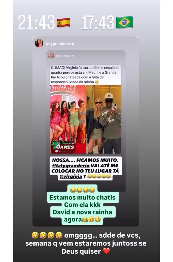 Virginia reagiu a possível insatisfação da Grande Rio por ter faltado a ensaio do carnaval 2026; David Brazil brincou ao dizer que vai substituir a apresentadora no posto de rainha de bateria