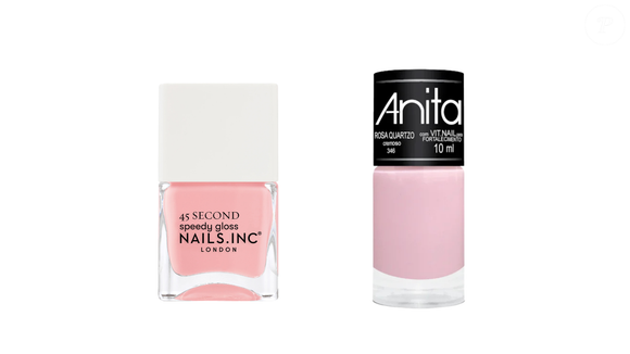 Knightsbridge Nights Out (Nails Inc.) + Rosa Quartzo (Anita): o tom pêssego rosado ilumina as mãos e inspira uma manicure elegante, agora também em uma opção acessível no mercado brasileiro