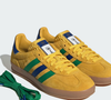 Lançado como edição especial da Copa do Mundo 2026, o Gazelle Indoor traz estética “brazilcore” com listras verdes e azuis inspiradas na bandeira do Brasil