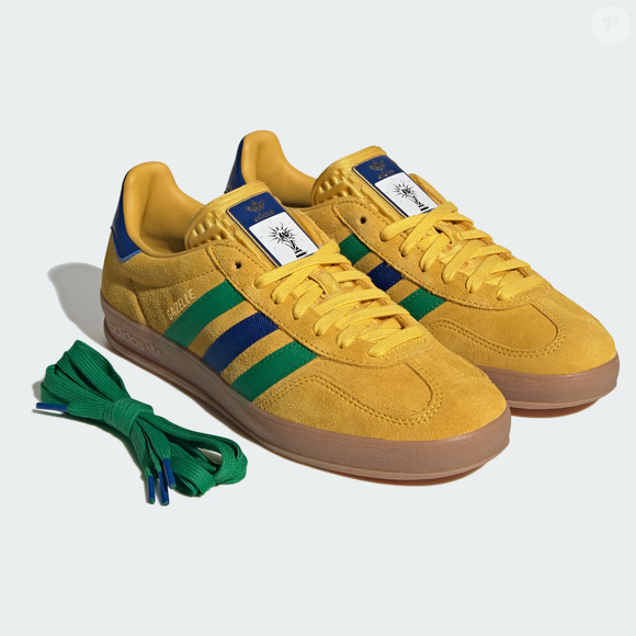 Lançado como edição especial da Copa do Mundo 2026, o Gazelle Indoor traz estética “brazilcore” com listras verdes e azuis inspiradas na bandeira do Brasil