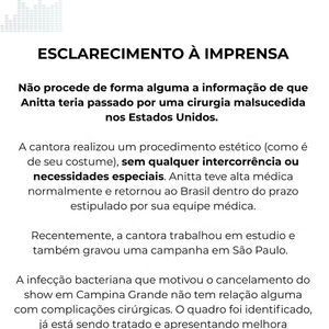 Assessoria quebra silêncio sobre saúde de Anitta
