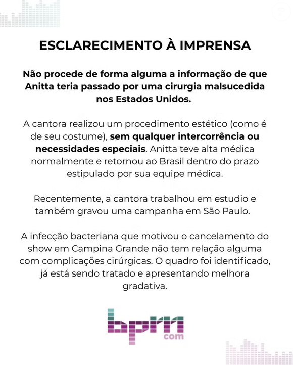 Assessoria quebra silêncio sobre saúde de Anitta