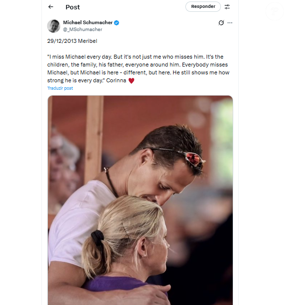 Esposa de Schumacher desabafa: ‘Sinto falta do Michael todos os dias. Mas não sou a única a sentir falta dele. São os filhos, a família, o pai, todo mundo ao redor dele’