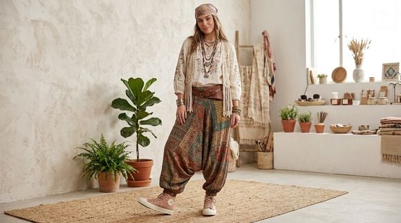 Para apostar na tendência boho-chic sem abrir mão do conforto, vale combinar o tênis Converse com calças amplas e fluidas, criando uma produção equilibrada entre a estética artesanal e o estilo casual