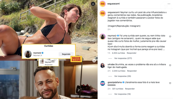 "Foi uma curtida sem querer, eu nem tinha visto isso (amigos me avisaram).. quem me segue sabe que quase não curto fotos de mulher, justamente pra não causar isso!", se justificou Neymar