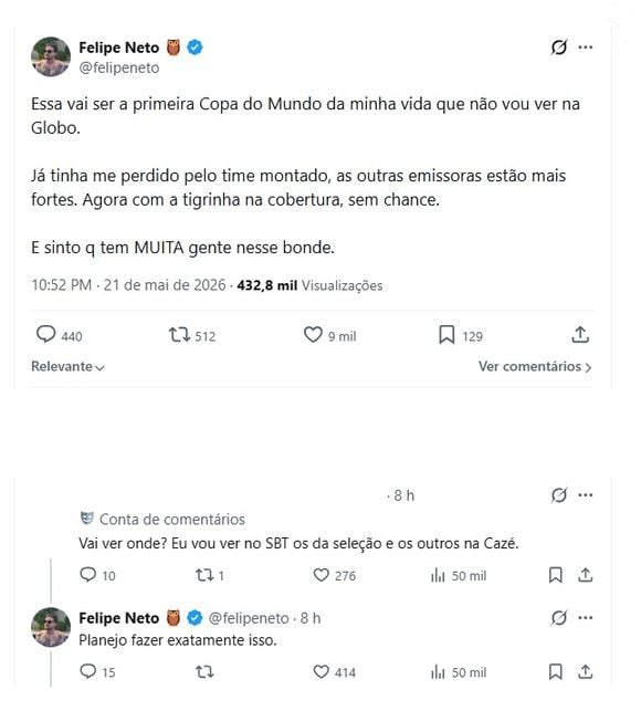Felipe Neto x Globo: youtuber disse que vai assistir jogos do Brasil no SBT durante a Copa 2026