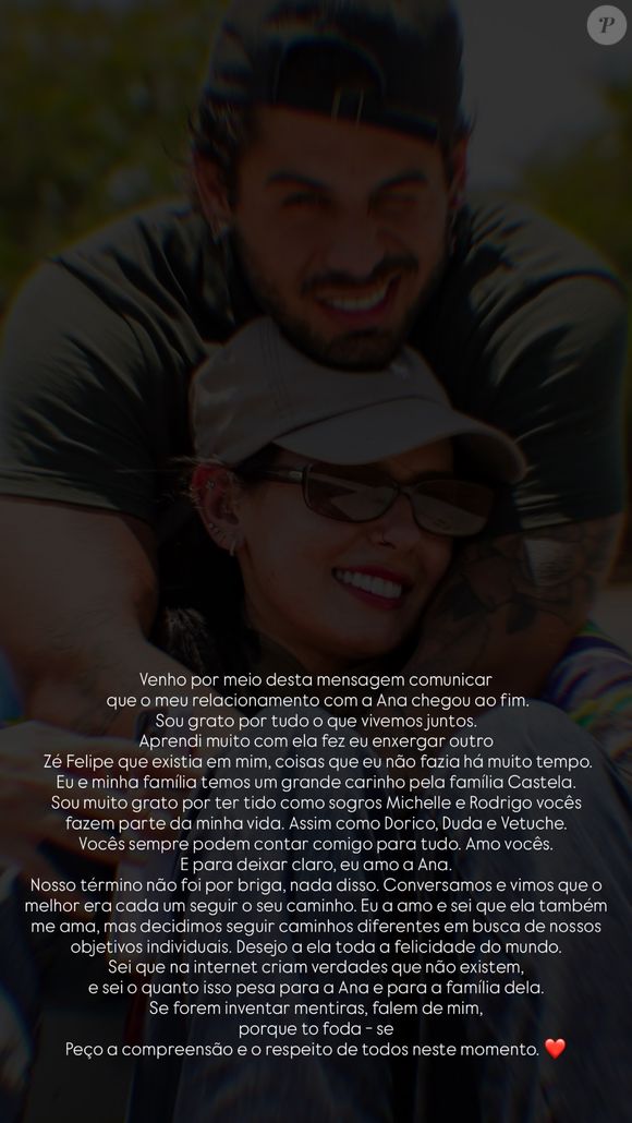 Ana Castela e Zé Felipe postaram este comunicado no Instagram para anunciar fim da relação