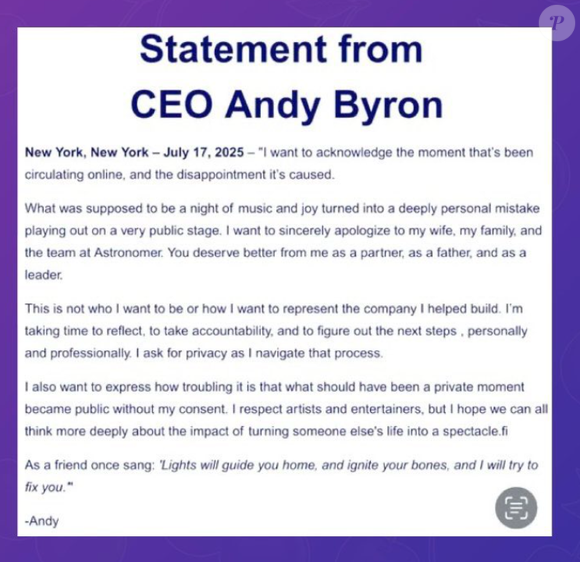 Diante do todo o alvoroço causado na web, uma suposta carta atribuída ao CEO da Astronomer, Andy Byron, circulou pelas redes sociais, causando verdadeiro frisson entre os internautas.