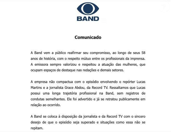 Após Lucas Martins agredir Grace Abdou, Band se manifestou e condenou atitude de seu jornalista
