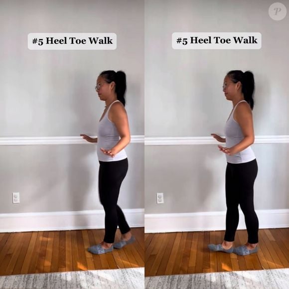 No último exercício, o aluno vai caminhar em linha reta, ativando tanto a região do calcanhar como as pontas dos pés. Olhar para um ponto fixo também auxilia na questão do equilíbrio.