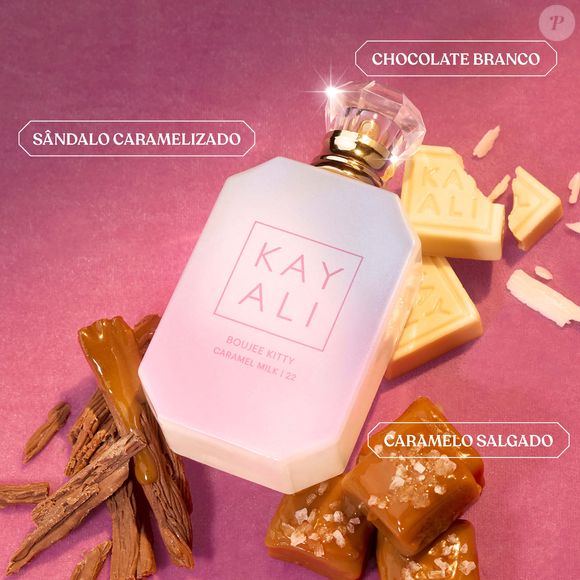 Criado pela perfumista Gabriela Chelariu, o Boujee Kitty Caramel Milk | 22 combina caramelo salgado, leite caramelizado e sândalo caramelizado, formando uma fragrância doce, cremosa e envolvente da família olfativa Warm & Sheer