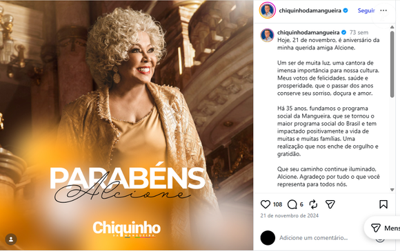 Alcione também ficou amiga de Chiquinho da Mangueira e até apoiou sua candidatura à presidência da escola de samba em 2013