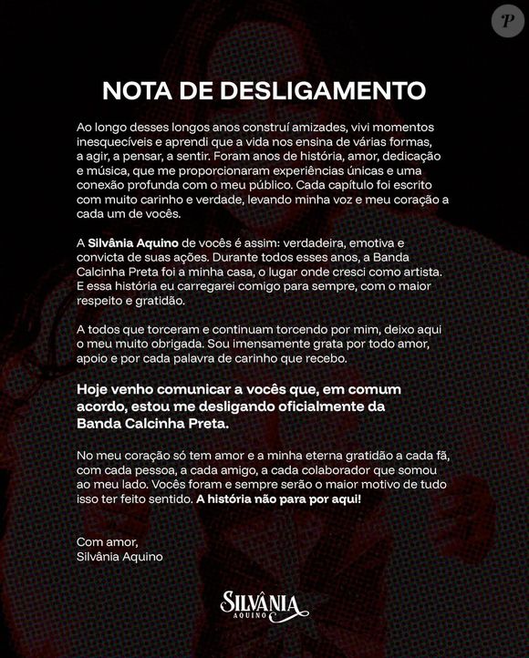 Silvânia Aquino divulgou nota oficial ao deixar a banda Calcinha Preta: 'Foi a minha casa, o lugar onde cresci como artista. E essa história eu carregarei comigo para sempre, com o maior respeito e gratidão'