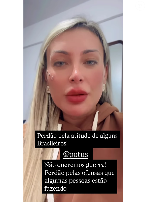 Andressa Urach escreveu na legenda de seu vídeo: 'Perdão em nome dos brasileiros! @potus', se referindo à Donald Trump.