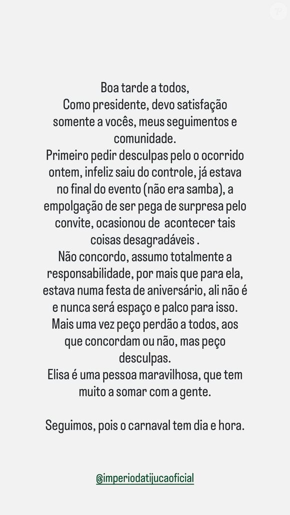 Presidente da Império da Tijuca, Thiago Carvalho pediu desculpas após atitude polêmica  de Elisa Sanches em esquenta do Carnaval 2026: 'Não concordo, assumo totalmente a responsabilidade'