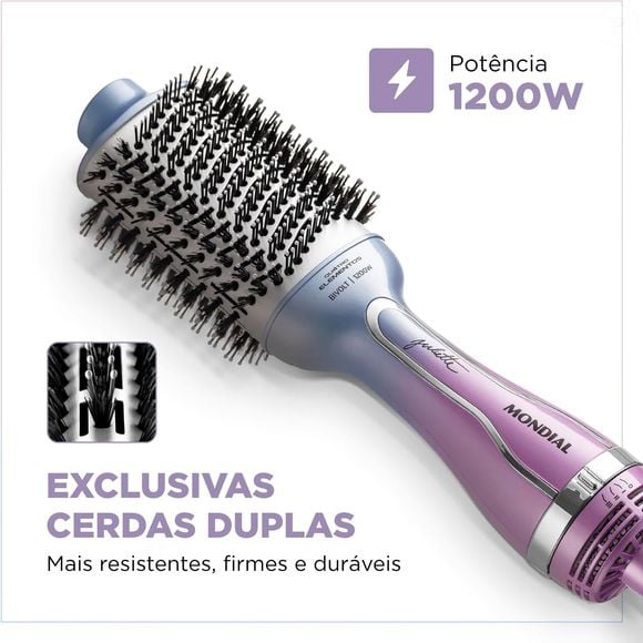 Na Amazon, a escova secadora By Juliette da Mundial aparece por R$ 137,69 e promete secar, alisar e modelar os fios com tecnologia de cerâmica, titânio, turmalina e Nano Silver