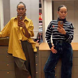 A calça de veludo azul deu mood elegante à produção com listras