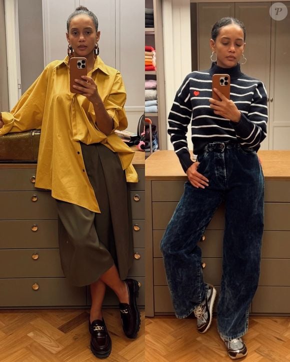 A calça de veludo azul deu mood elegante à produção com listras